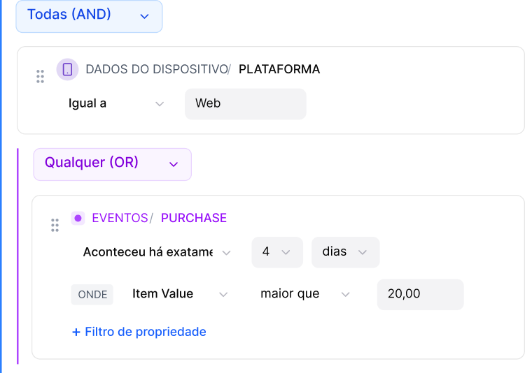 Criador de segmentação com filtros E/OU